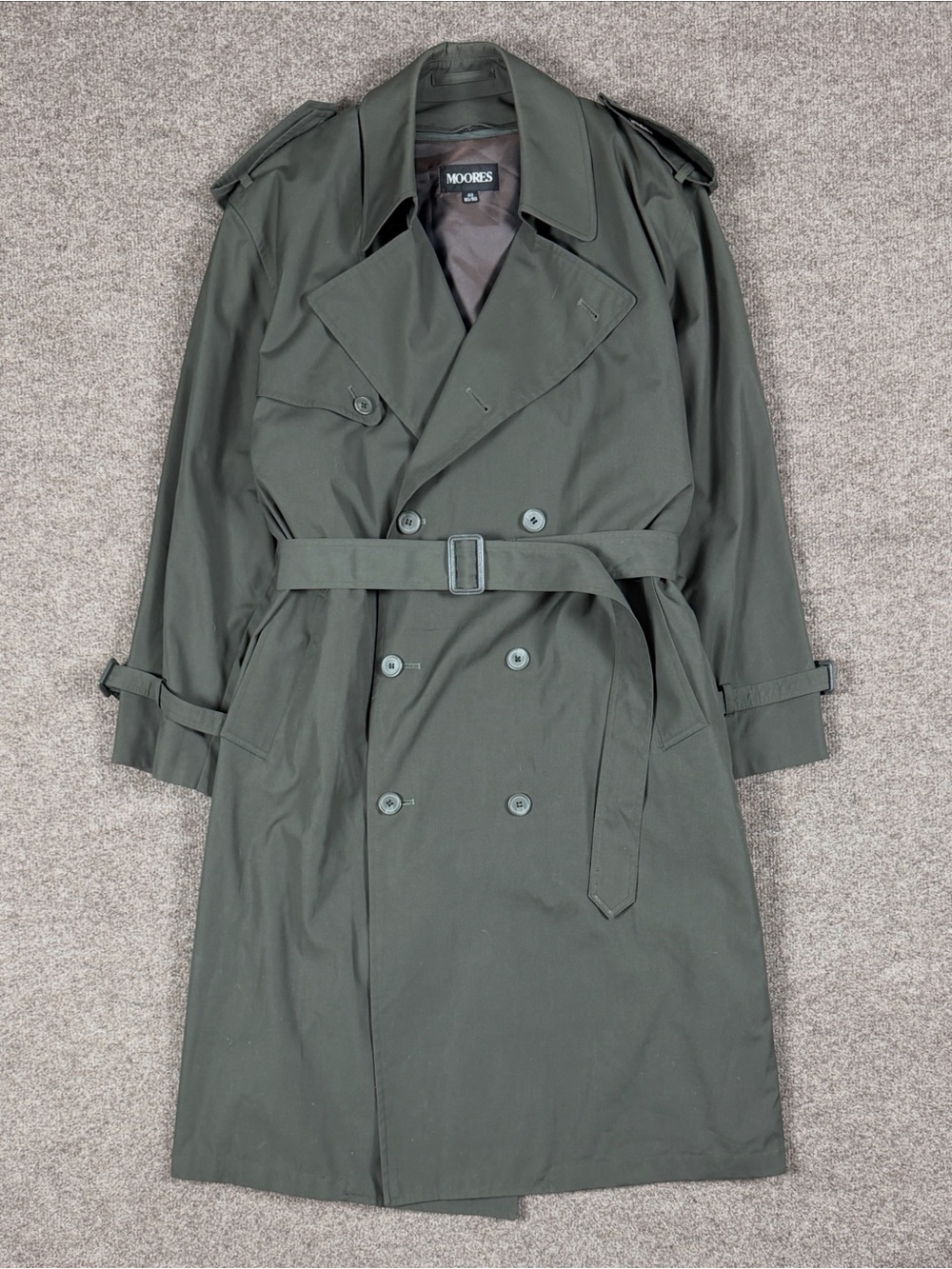 Vintage Moores Green Gray Double Breasted Belted Long Trench Coat Mens 40 Medium